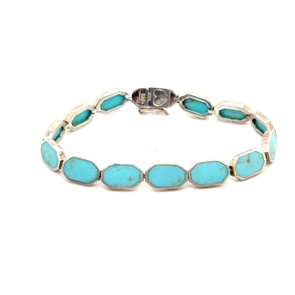FAS Sterling Silver Turquoise Octagon Link Bracelet 925 7 Inch 11.8g